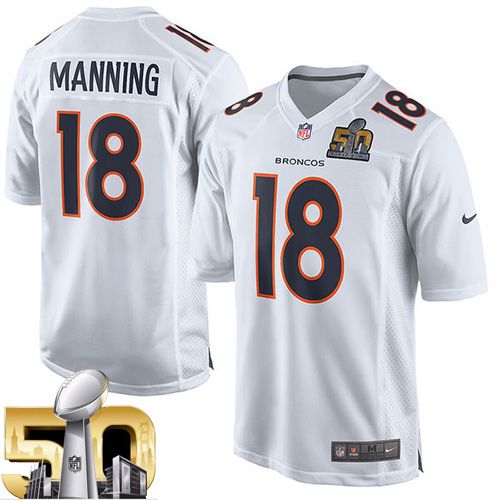 Nike Broncos #18 Peyton Manning White Super Bowl 50 Men's Stitched NFL Game Event Jersey - Click Image to Close